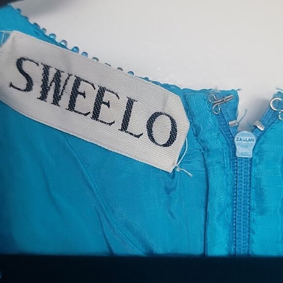 NWT Swee Lo Vintage 80s Deadstock Silk Beaded Turquoise Dress, L (10-12) - Picture 6 of 11